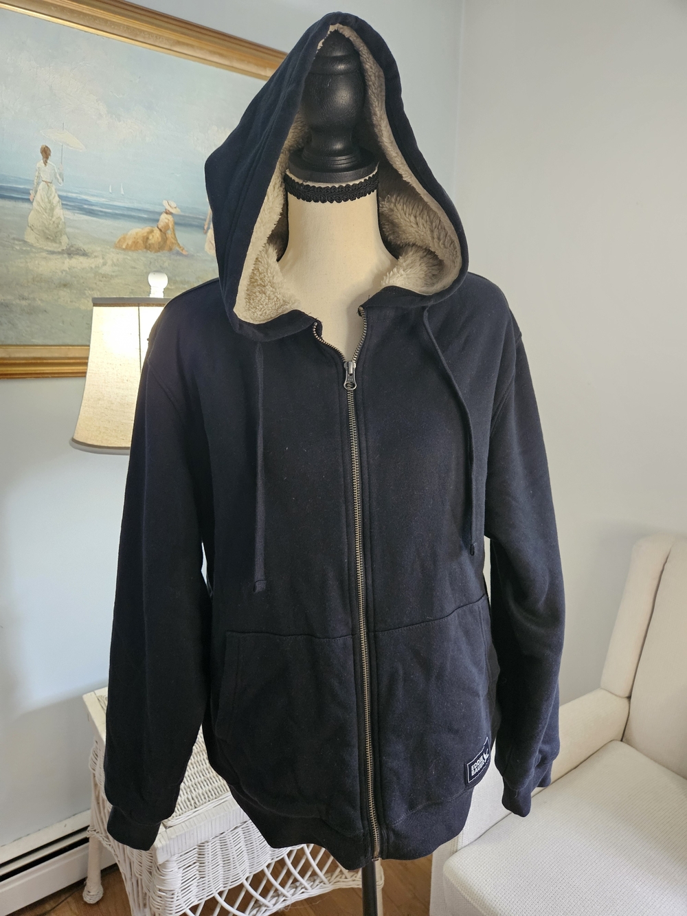 Men's Navy Sherpa-Lined Zip Hoodie Jacket.  Eddie Bauer